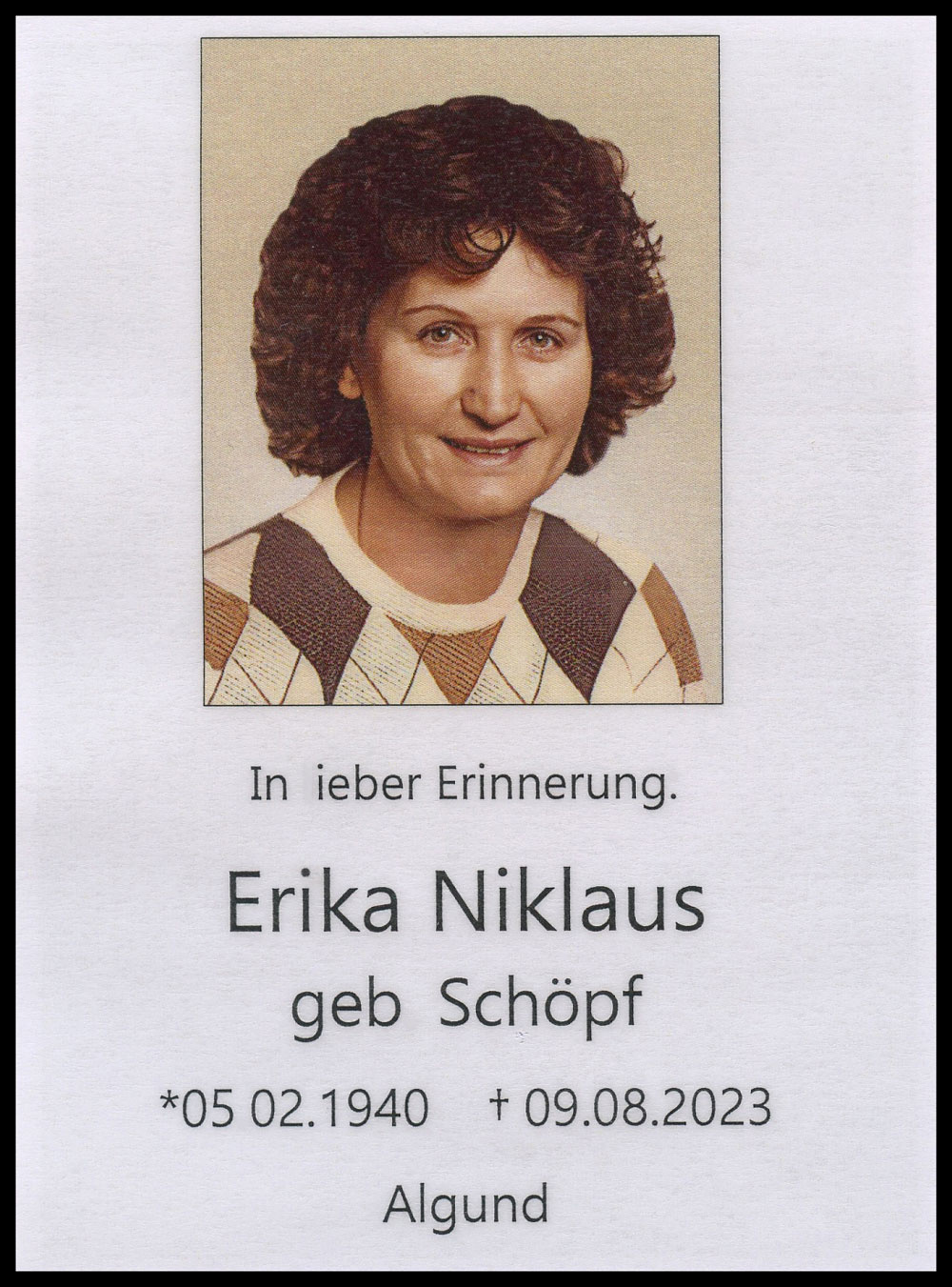 Sterbebild: Erika Niklaus geb. Schöpf