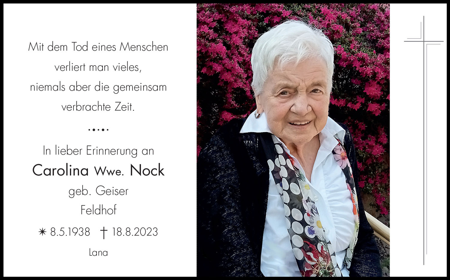 Sterbebild: Carolina Wwe. Nock geb. Geiser