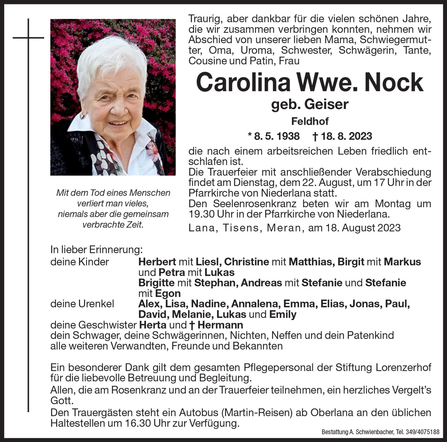 Medien: Carolina Wwe. Nock geb. Geiser