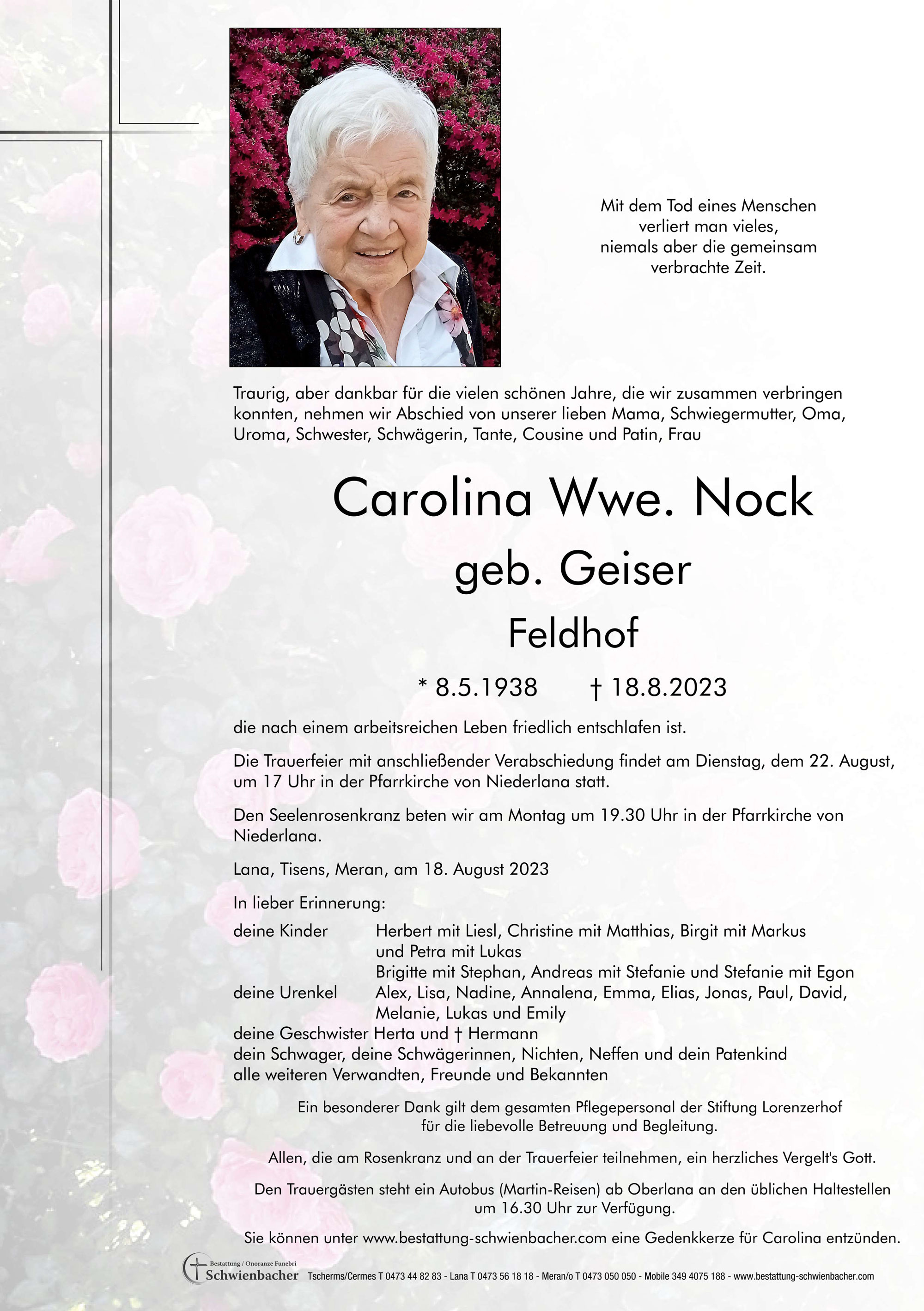 Parte: Carolina Wwe. Nock geb. Geiser 