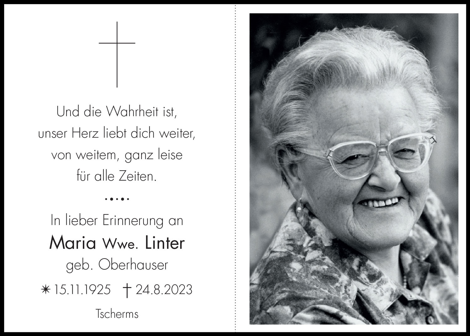 Sterbebild: Maria Wwe. Linter geb. Oberhauser