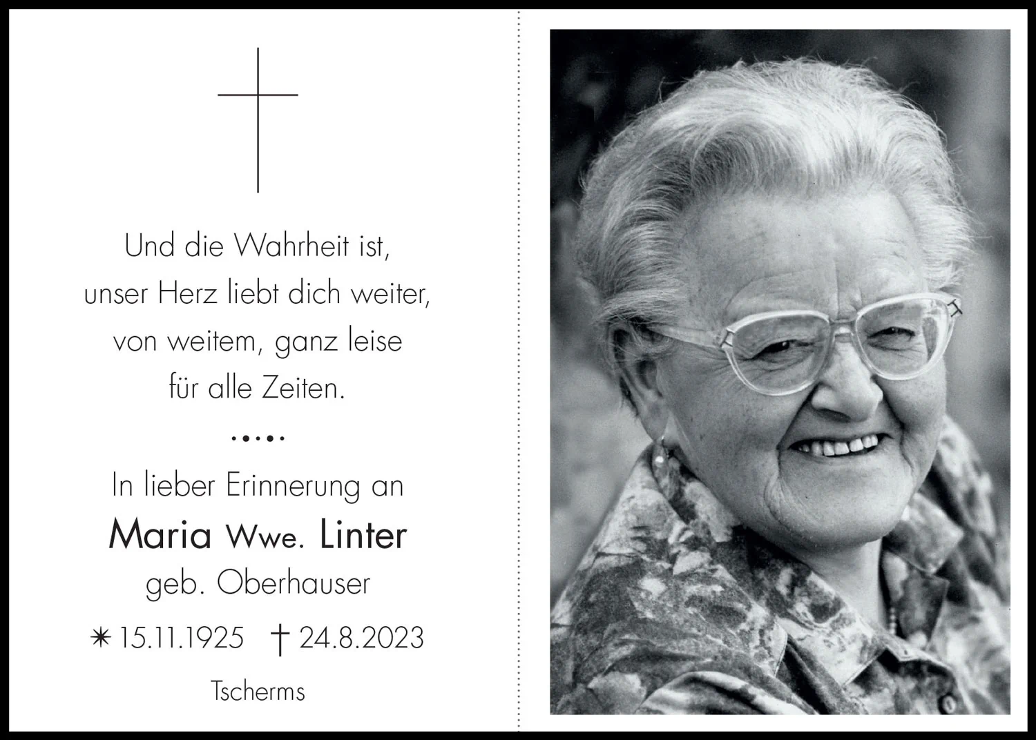 Sterbebild: Maria Wwe. Linter geb. Oberhauser