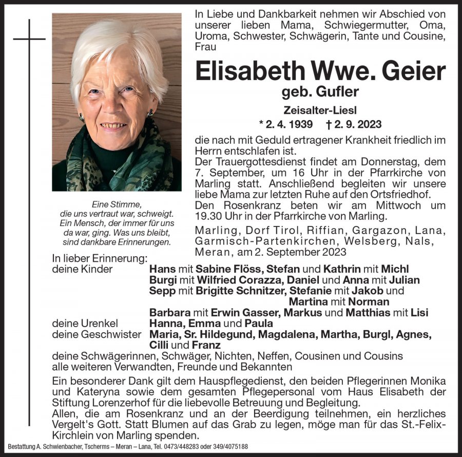 Medien: Elisabeth Wwe. Geier geb. Gufler