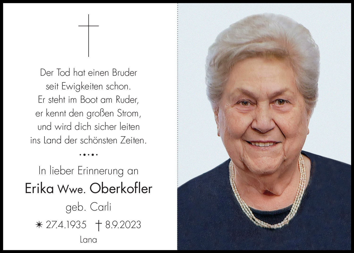 Sterbebild: Erika Wwe. Oberkofler geb. Carli