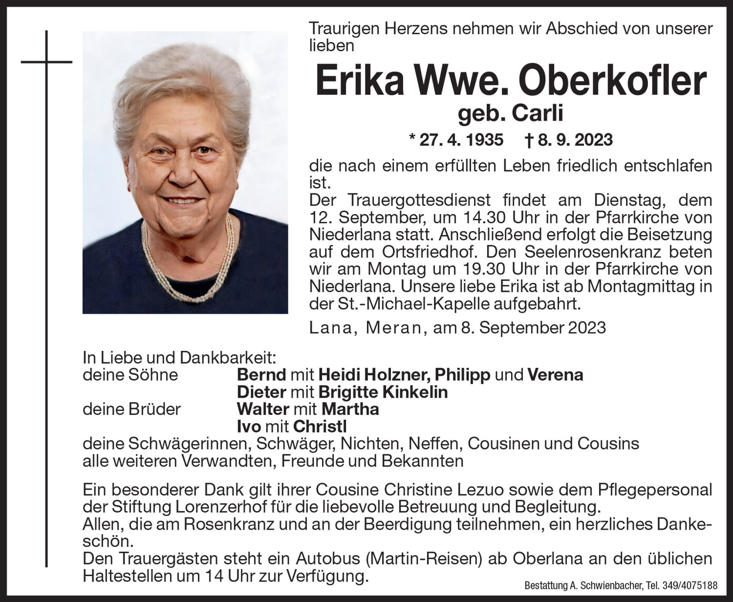 Medien: Erika Wwe. Oberkofler geb. Carli