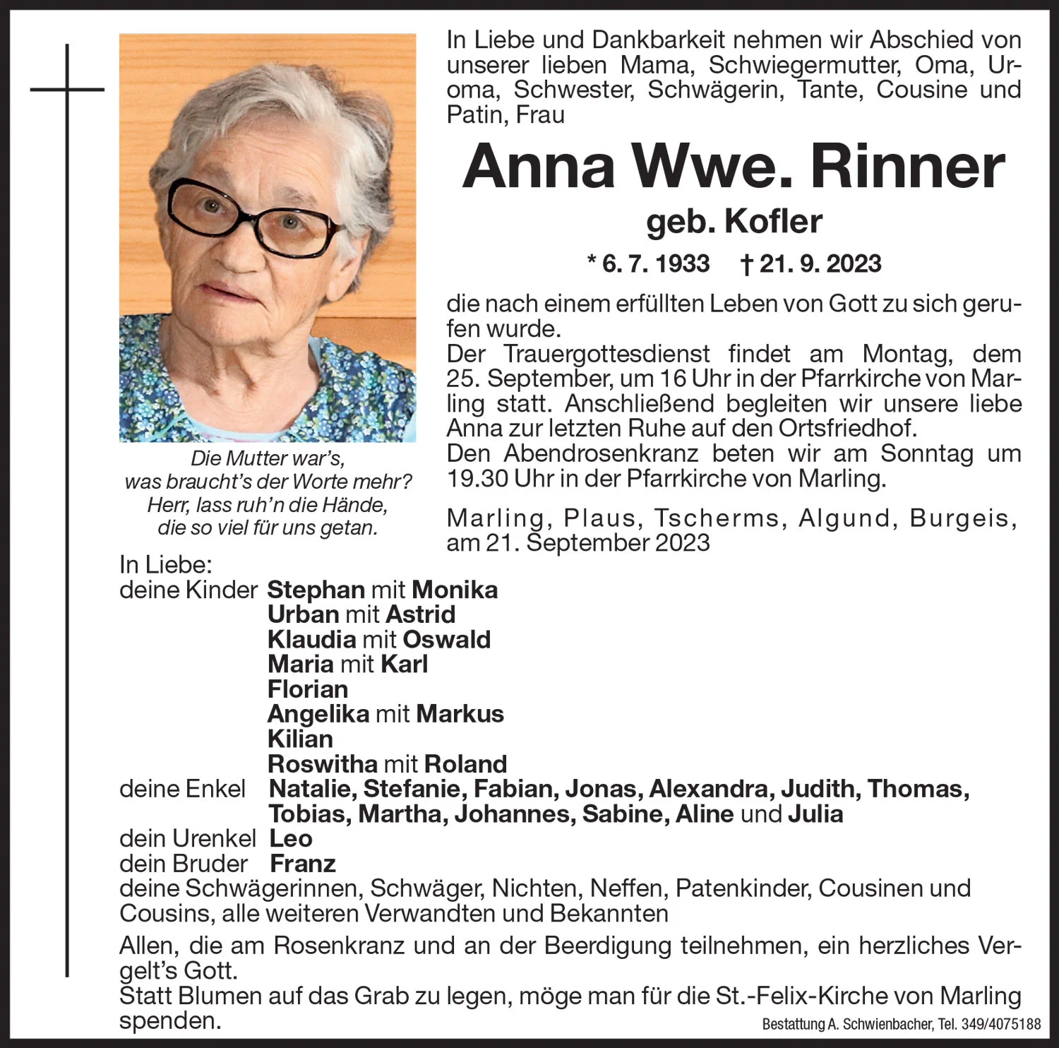 Medien: Anna Wwe. Rinner geb. Kofler
