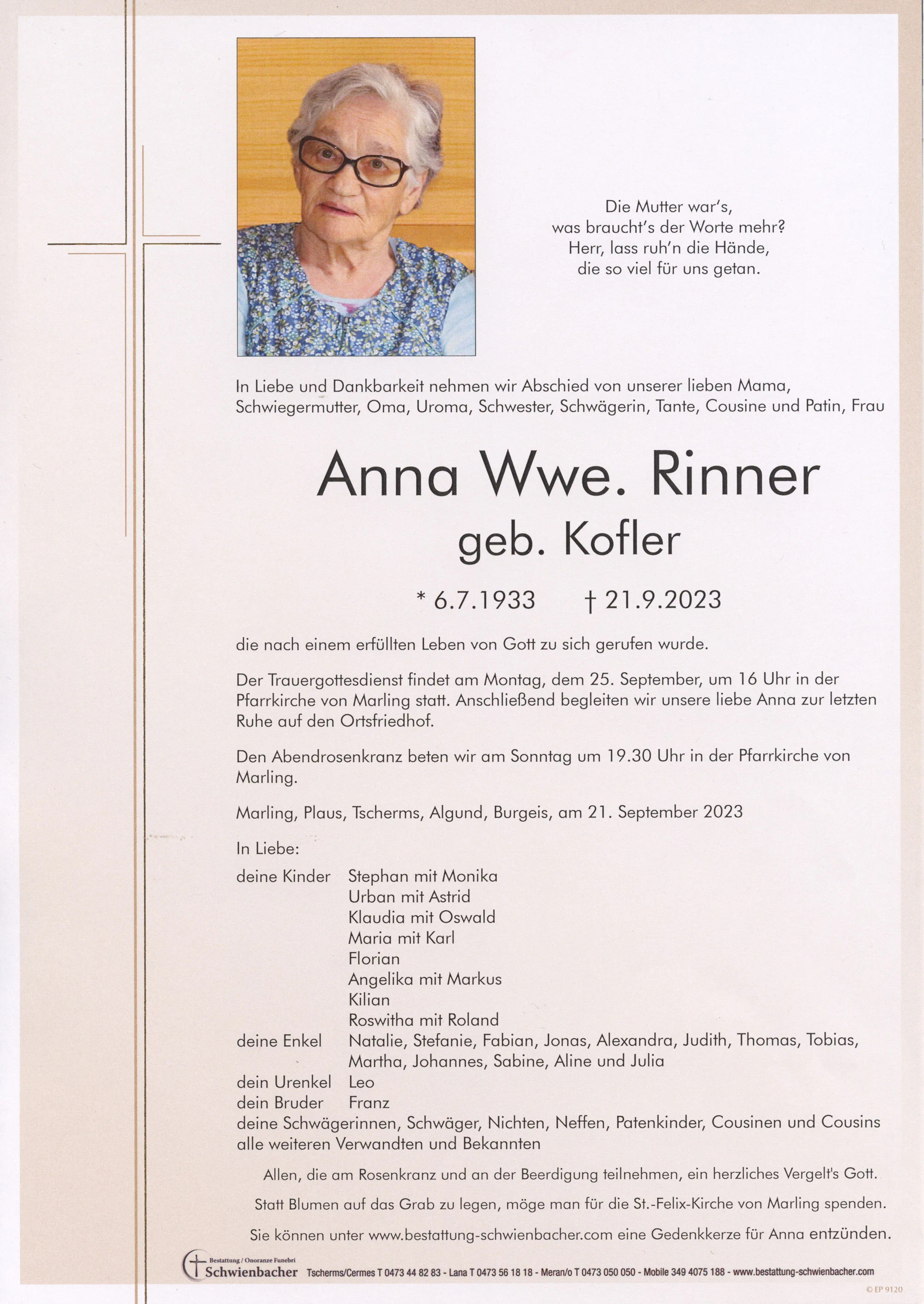 Parte: Anna Wwe. Rinner geb. Kofler 