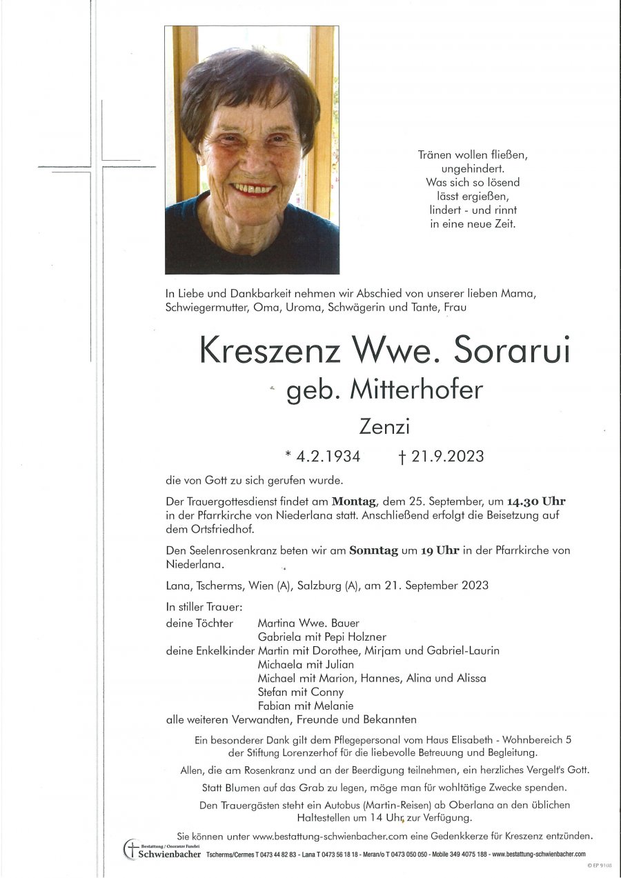 Parte: Kreszenz Wwe. Sorarui geb. Mitterhofer