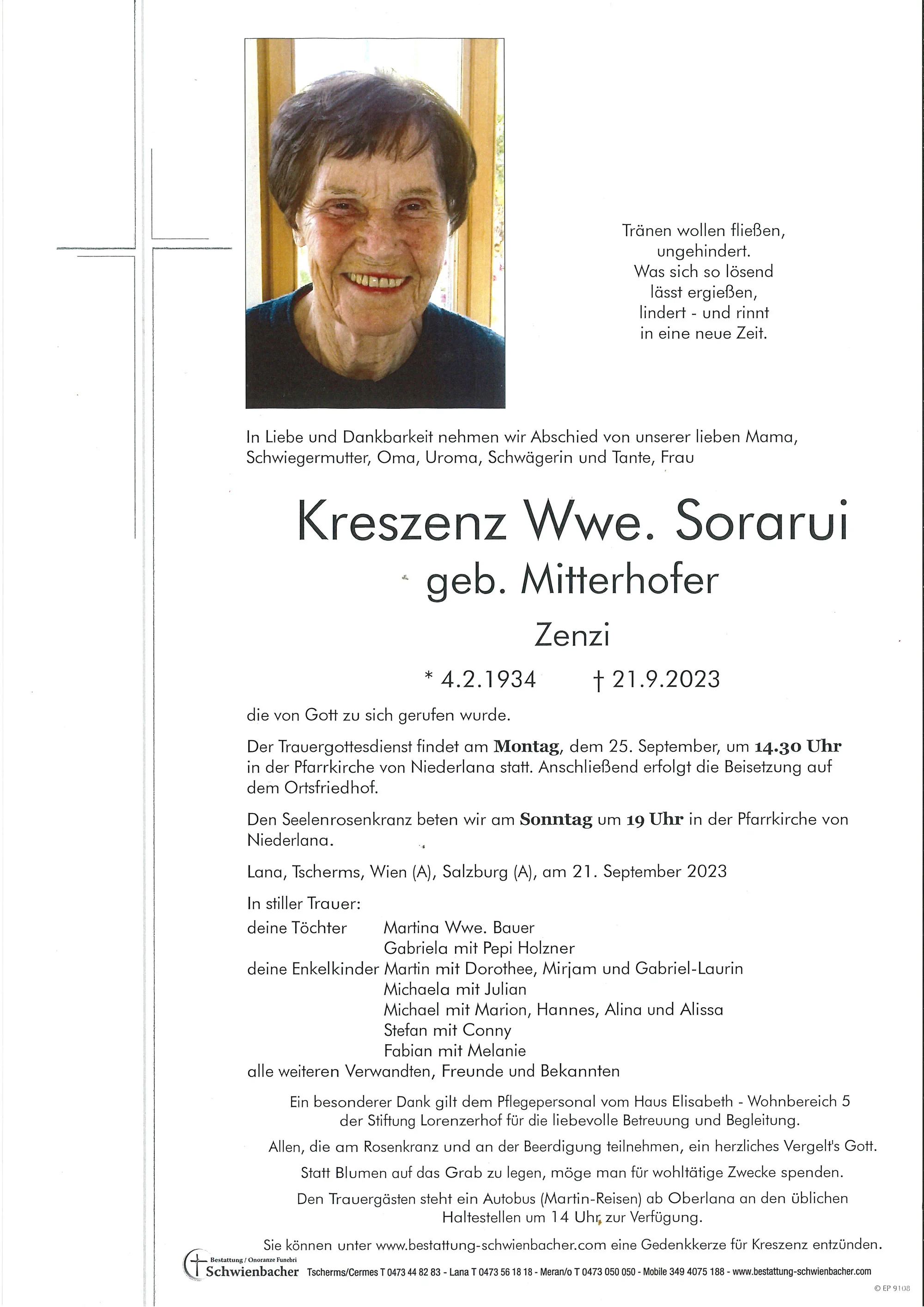 Parte: Kreszenz Wwe. Sorarui geb. Mitterhofer
