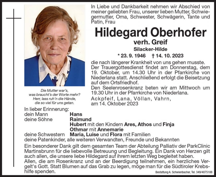 Medien: Hildegard Oberhofer verh. Greif