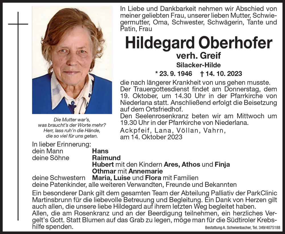 Medien: Hildegard Oberhofer verh. Greif
