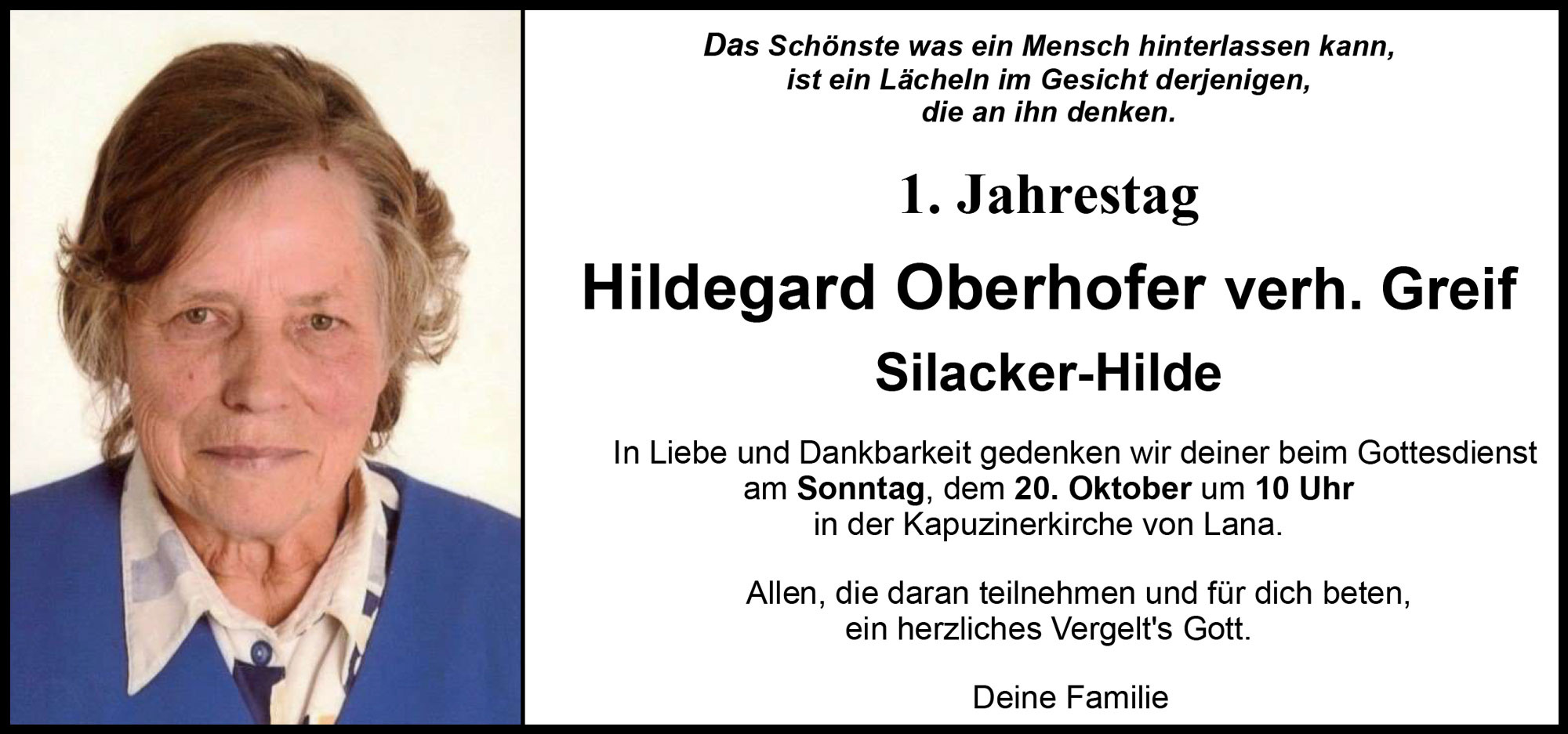 Jahrtag: Hildegard Oberhofer verh. Greif