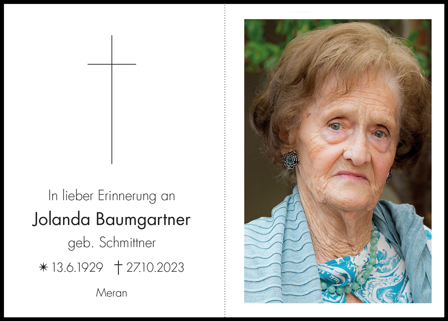Sterbebild: Jolanda Baumgartner geb. Schmittner