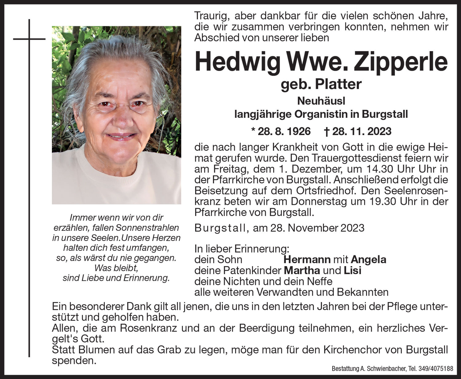 Medien: Hedwig Wwe. Zipperle geb. Platter
