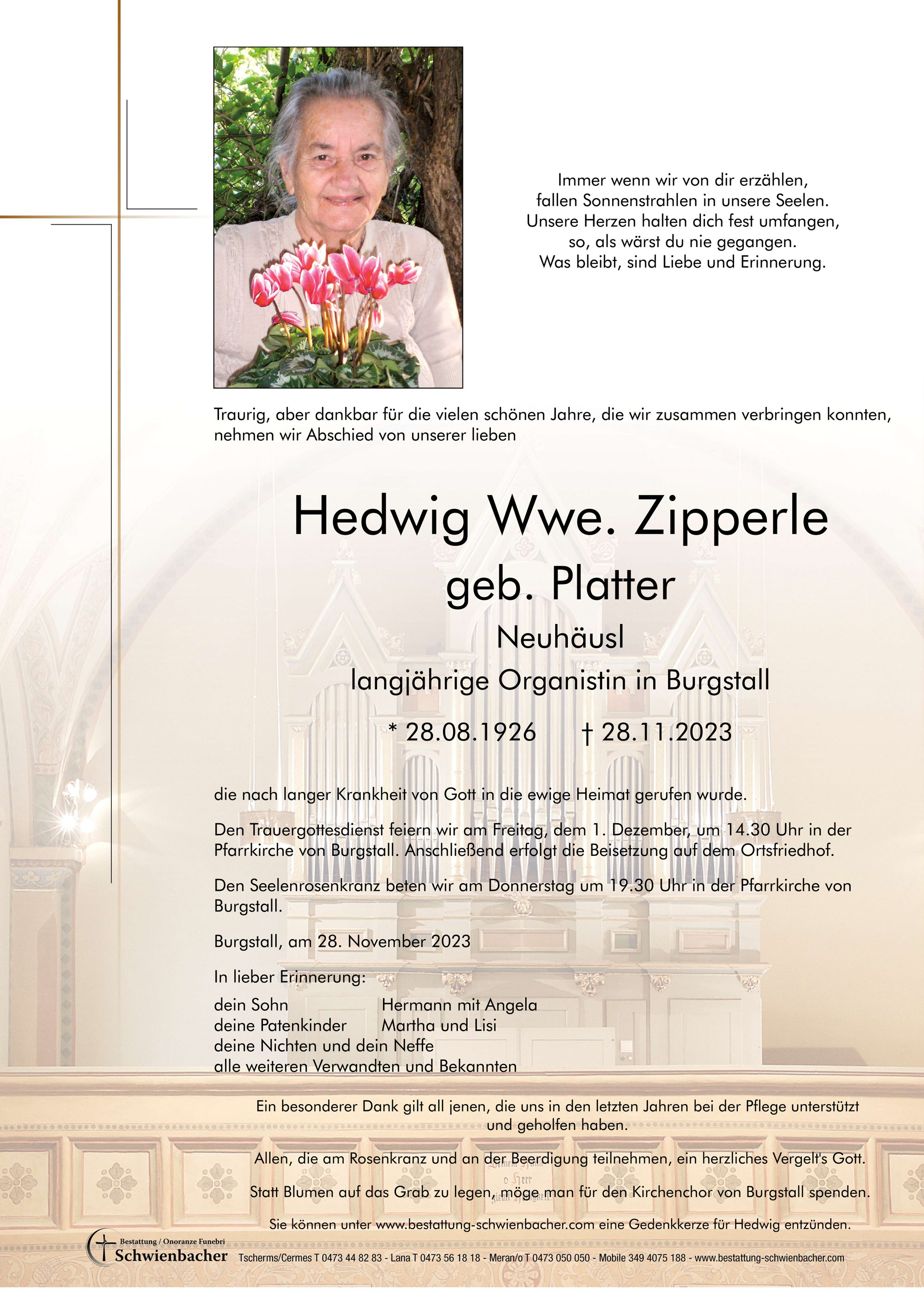 Parte: Hedwig Wwe. Zipperle geb. Platter 