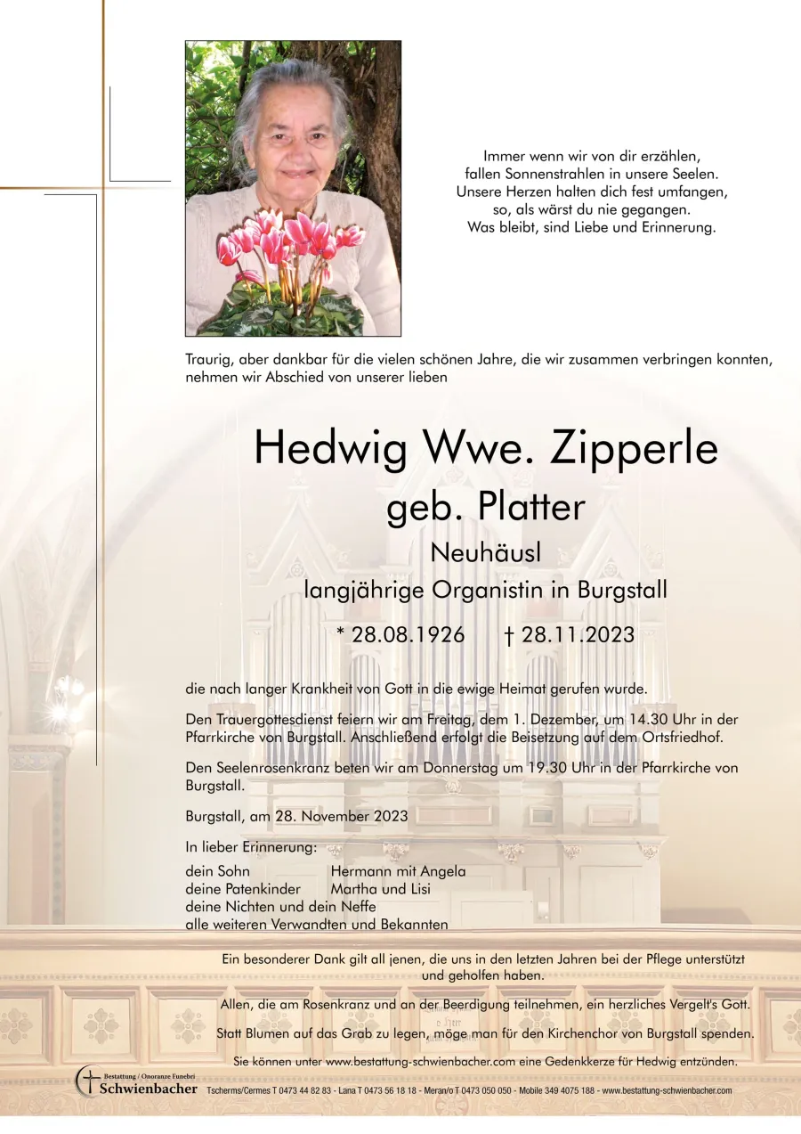 Parte: Hedwig Wwe. Zipperle geb. Platter