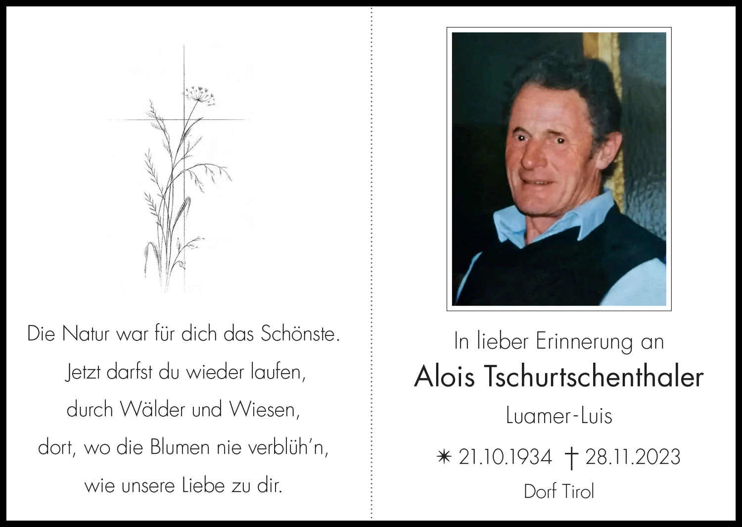 Sterbebild: Alois Tschurtschenthaler