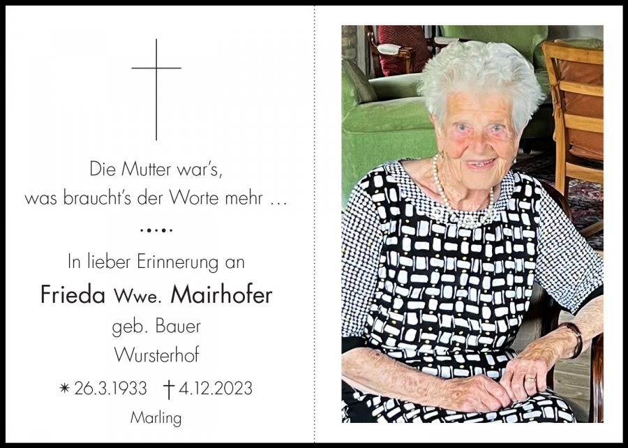 Sterbebild: Frieda Wwe. Mairhofer geb. Bauer