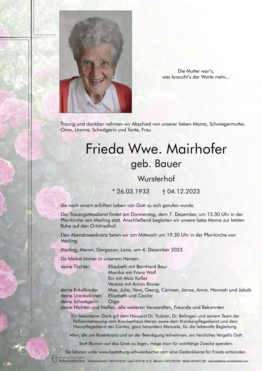 Parte: Frieda Wwe. Mairhofer geb. Bauer