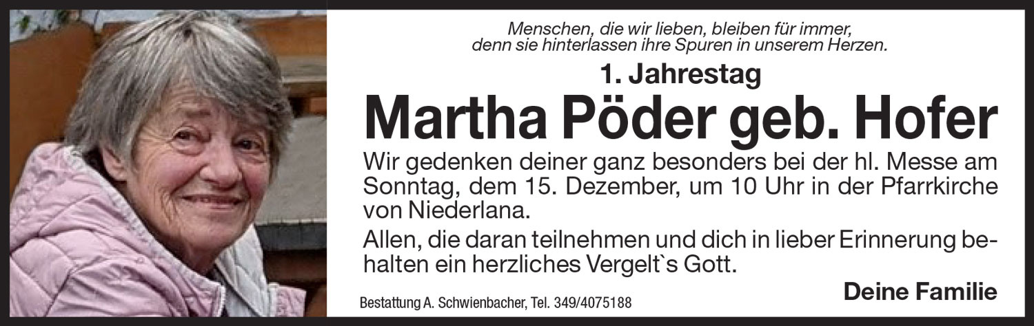 Jahrtag: Martha Pöder geb. Hofer