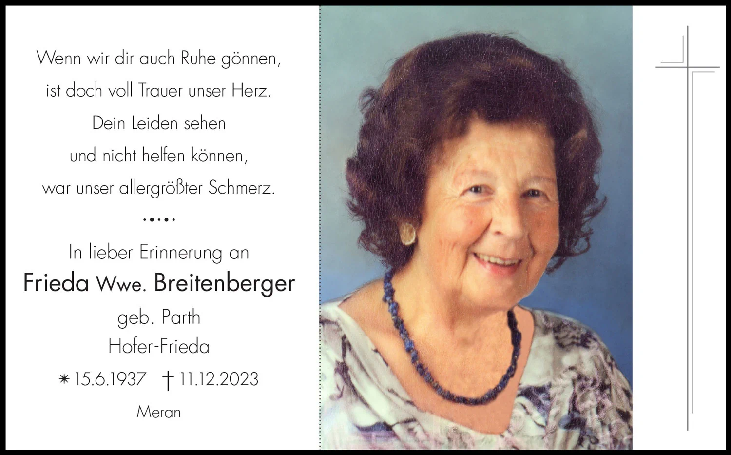 Sterbebild: Frieda Wwe. Breitenberger geb. Parth