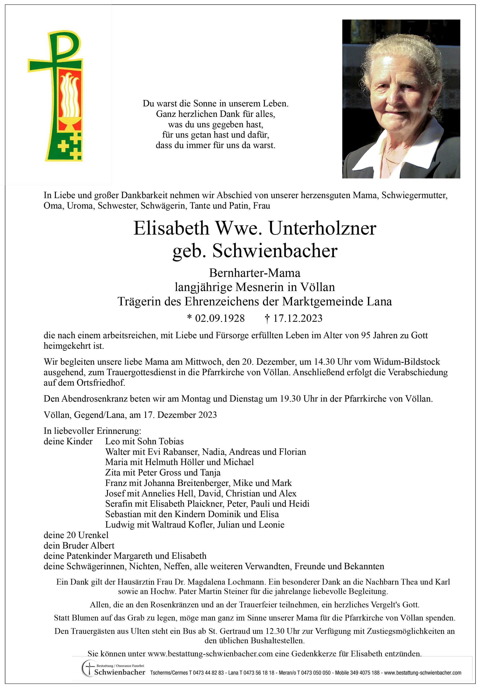 Parte: Elisabeth Wwe. Unterholzner geb. Schwienbacher 