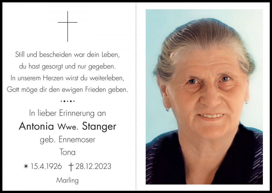 Sterbebild: Antonia Wwe. Stanger geb. Ennemoser