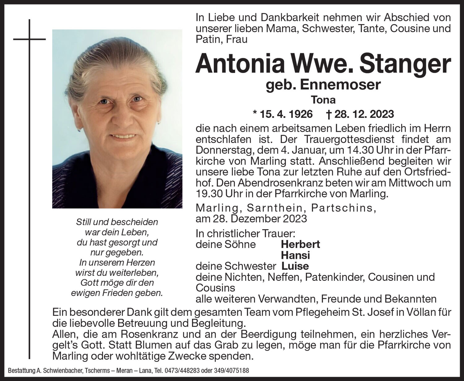 Medien: Antonia Wwe. Stanger geb. Ennemoser