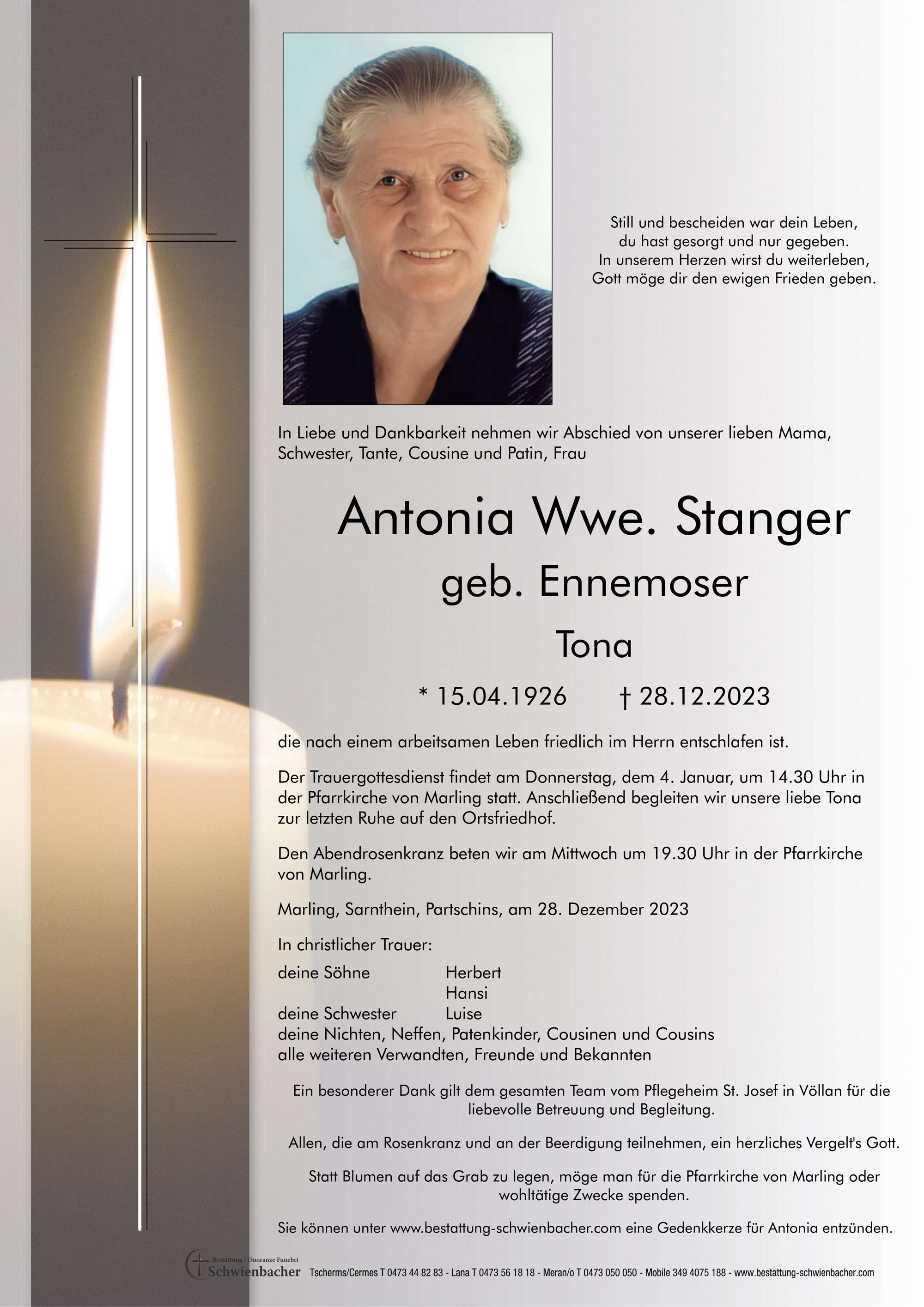 Parte: Antonia Wwe. Stanger geb. Ennemoser 