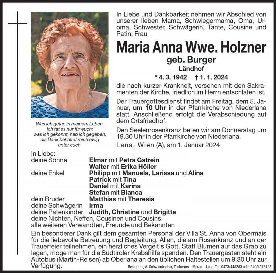 Medien: Maria Anna Wwe. Holzner geb. Burger