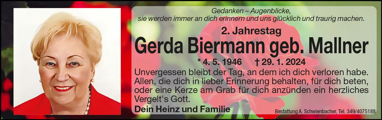 Jahrtag: Gerda Biermann geb. Mallner