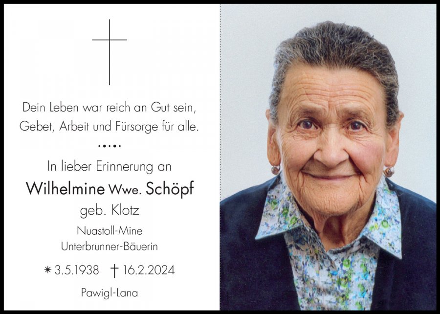Sterbebild: Wilhelmine Wwe. Schöpf geb. Klotz