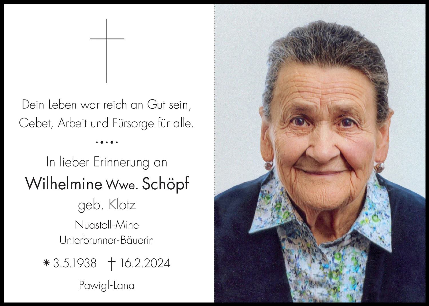 Sterbebild: Wilhelmine Wwe. Schöpf geb. Klotz