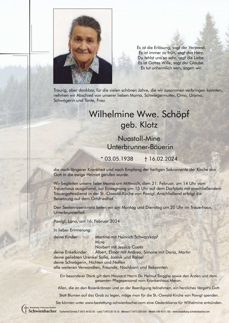 Parte: Wilhelmine Wwe. Schöpf geb. Klotz