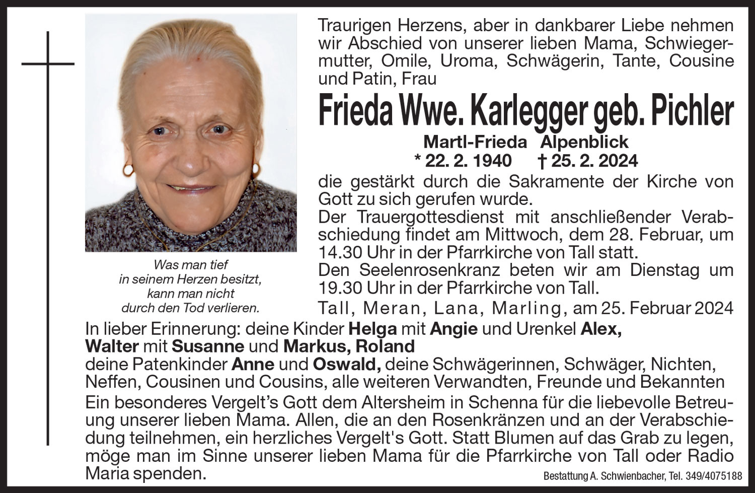 Medien: Frieda Wwe. Karlegger geb. Pichler