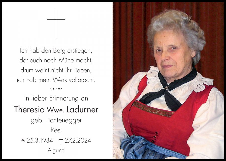Sterbebild: Theresia Wwe. Ladurner geb. Lichtenegger