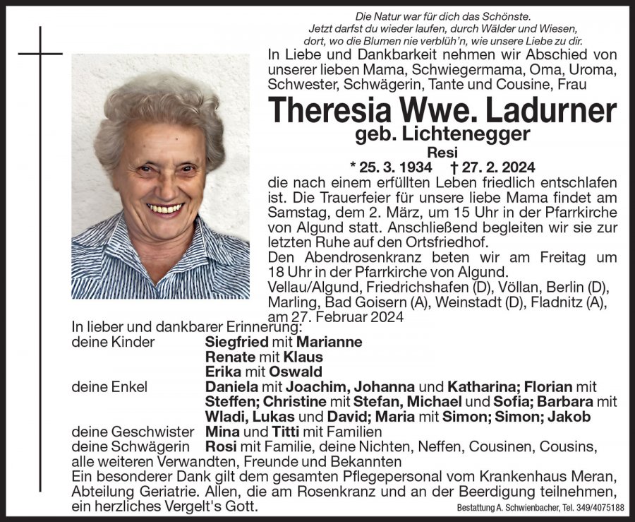 Medien: Theresia Wwe. Ladurner geb. Lichtenegger