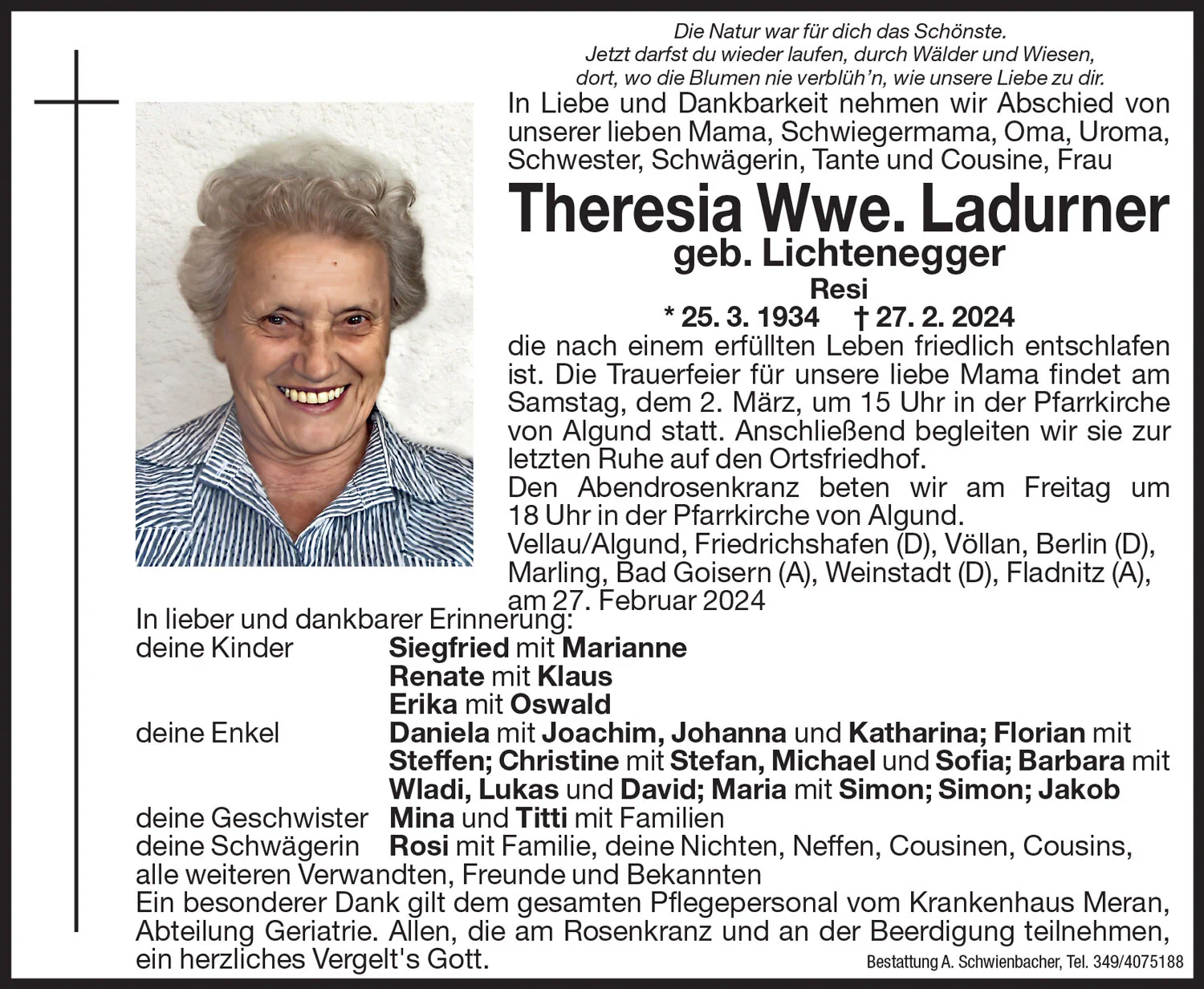 Medien: Theresia Wwe. Ladurner geb. Lichtenegger