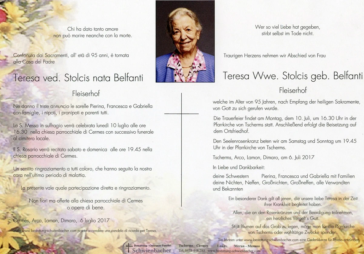 Parte: Teresa ved. Stolcis nata Belfanti