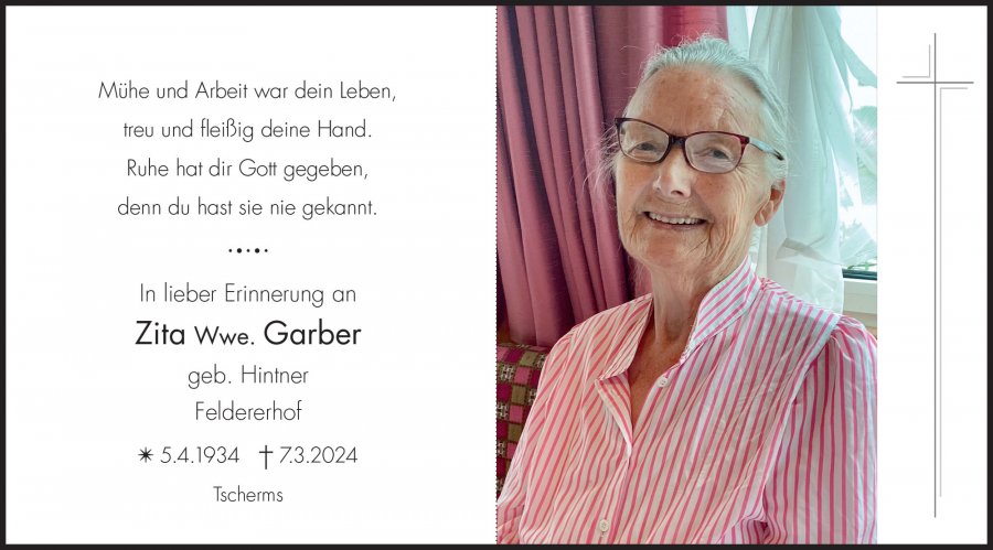 Sterbebild: Zita Wwe. Garber geb. Hintner