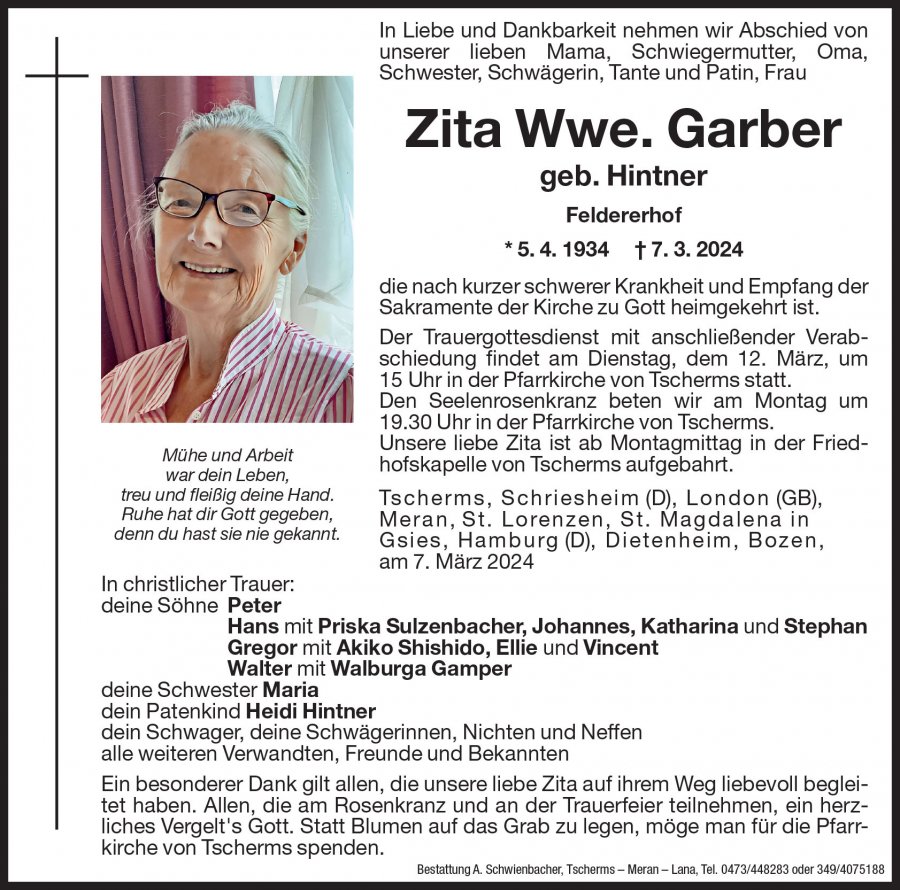 Medien: Zita Wwe. Garber geb. Hintner