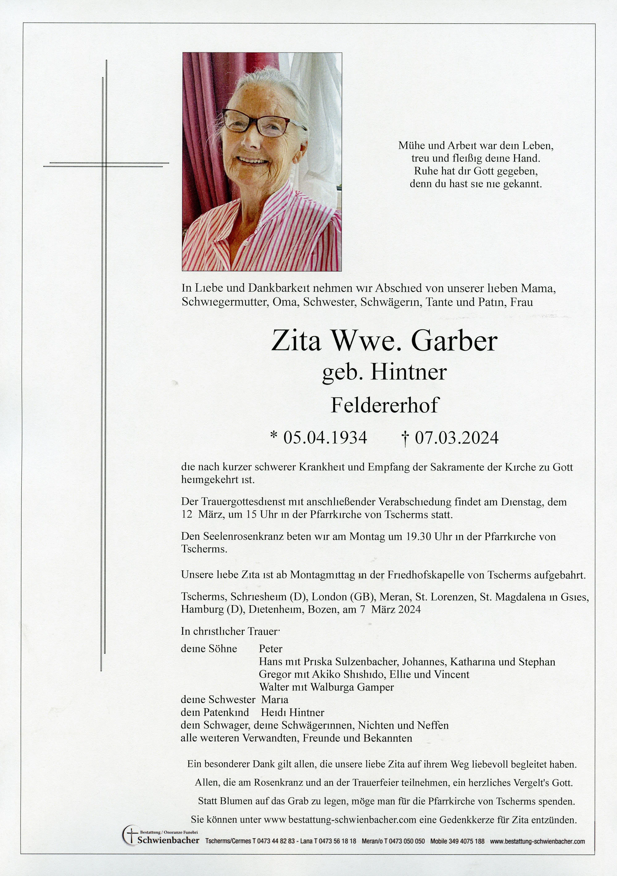 Parte: Zita Wwe. Garber geb. Hintner