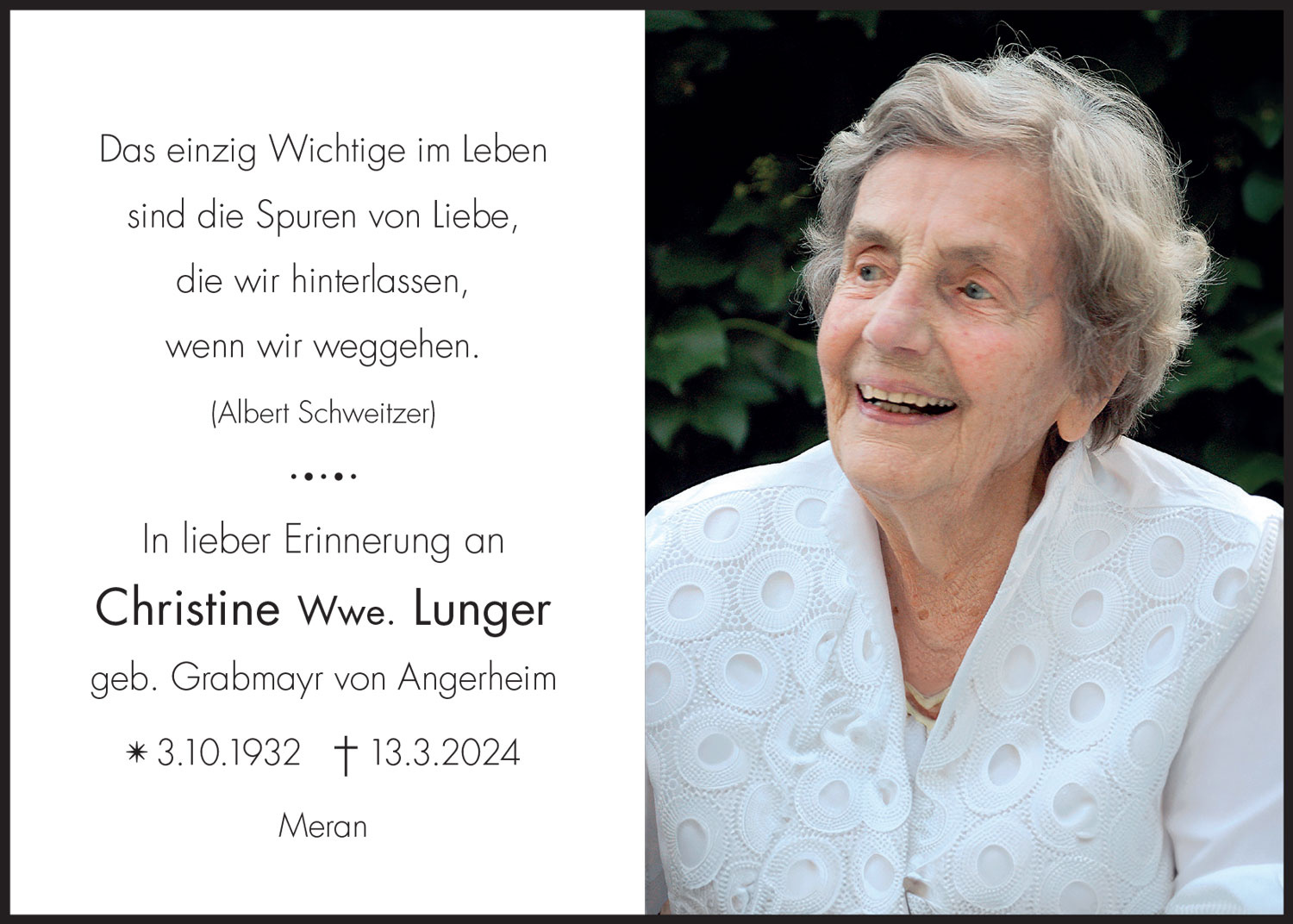 Sterbebild: Christine Wwe. Lunger geb. Grabmayr von Angerheim