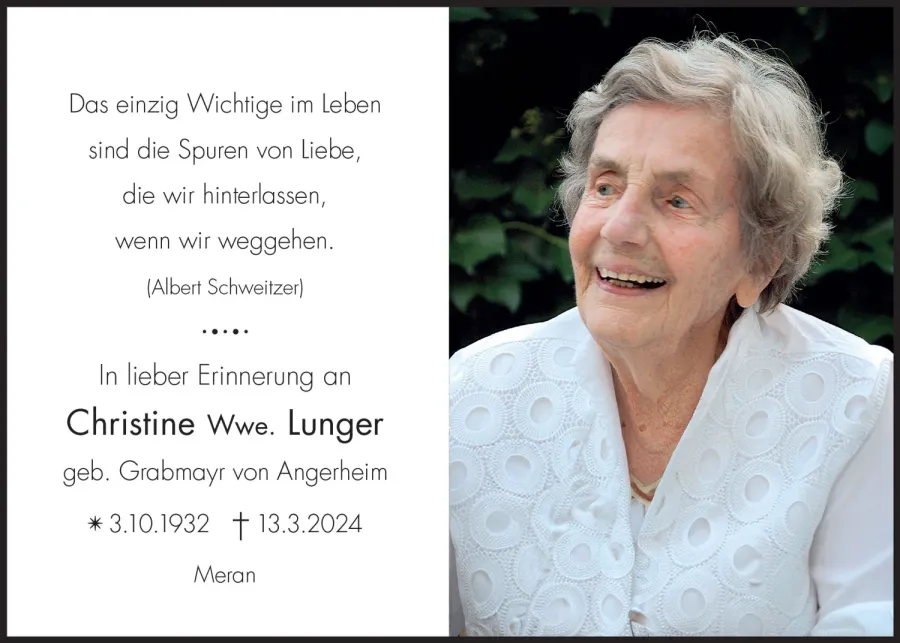 Sterbebild: Christine Wwe. Lunger geb. Grabmayr von Angerheim