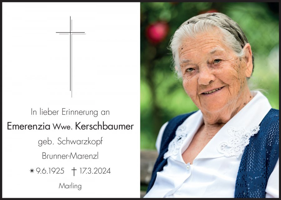 Sterbebild: Emerenzia Wwe. Kerschbaumer geb. Schwarzkopf
