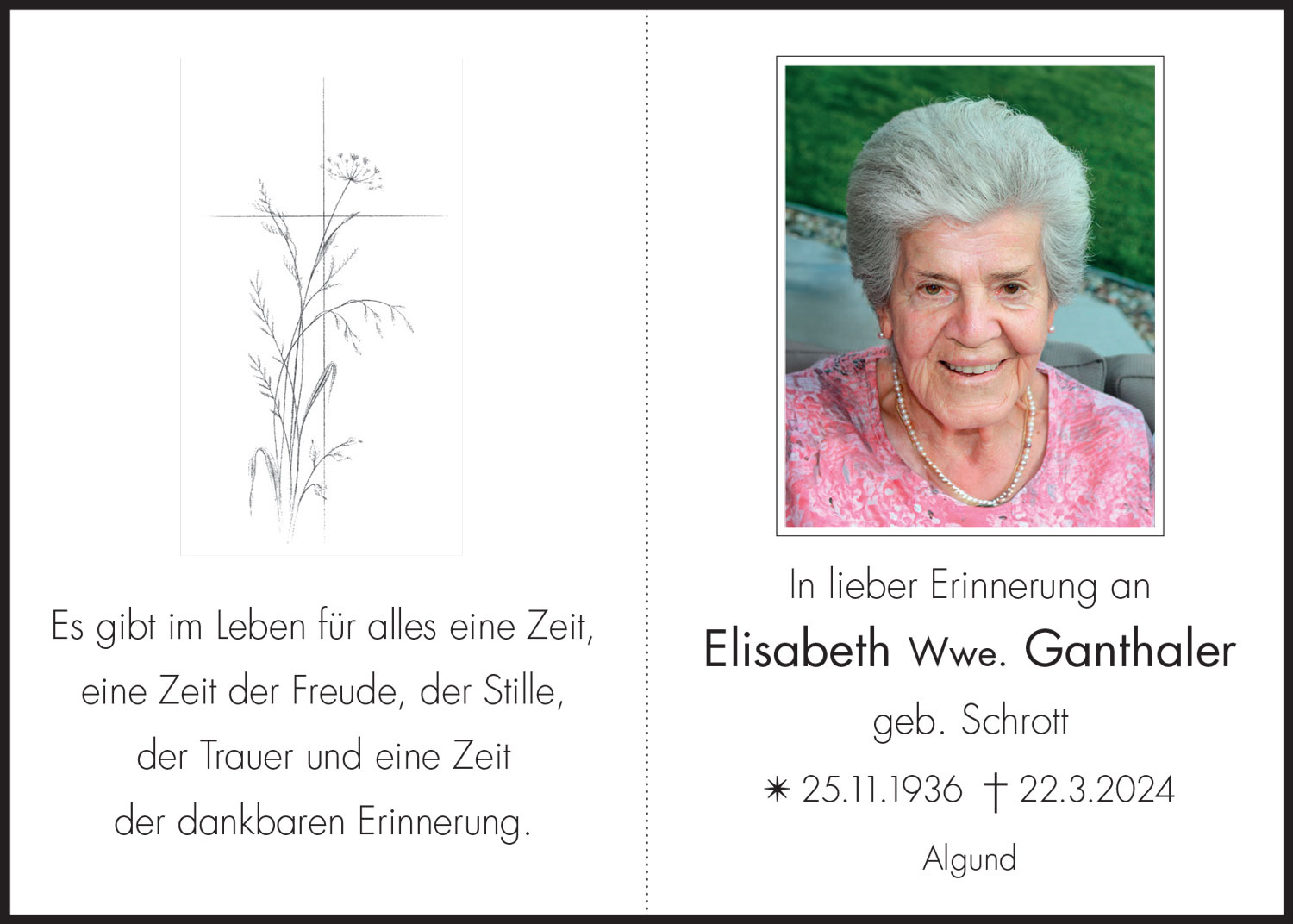 Sterbebild: Elisabeth Wwe. Ganthaler geb. Schrott