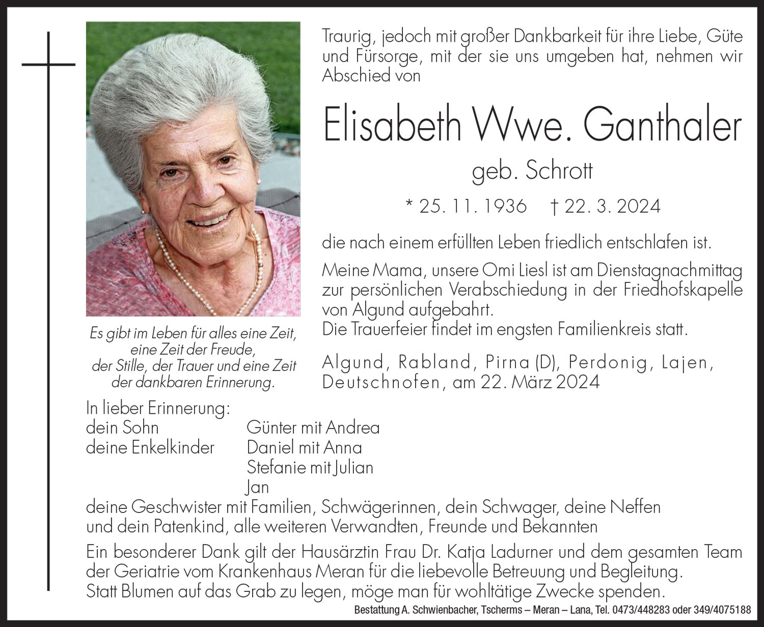 Medien: Elisabeth Wwe. Ganthaler geb. Schrott