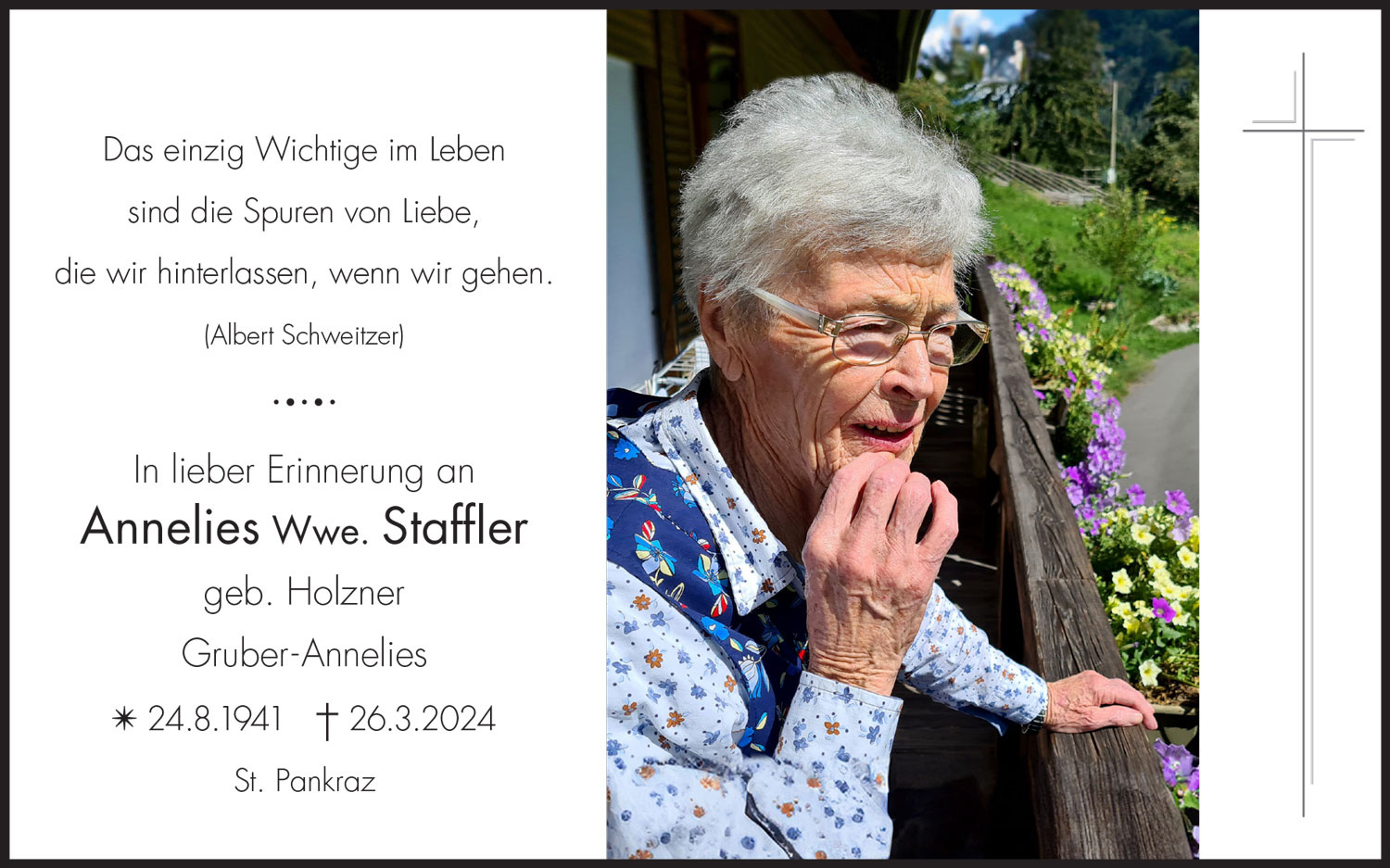 Sterbebild: Annelies Wwe. Staffler geb. Holzner