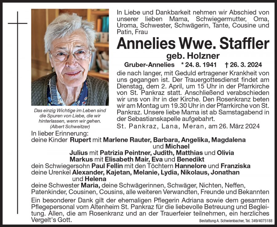 Medien: Annelies Wwe. Staffler geb. Holzner
