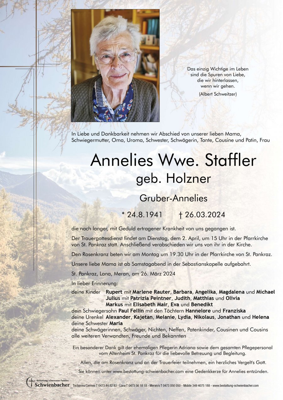 Parte: Annelies Wwe. Staffler geb. Holzner